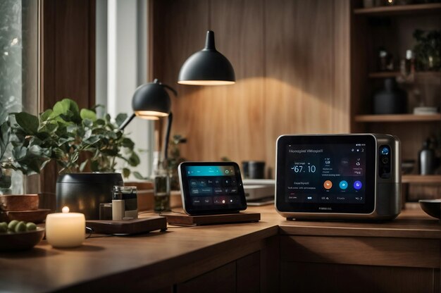 A smart home setup featuring a voiceactivated assistant controlling lights and appliances