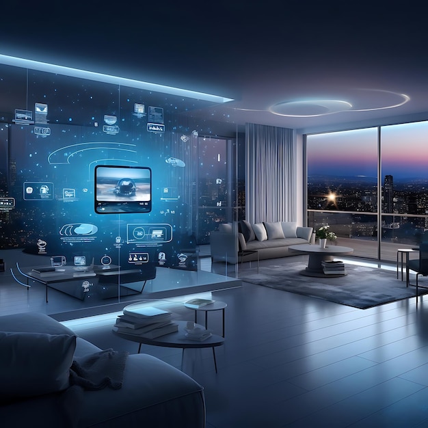 A smart home showcasing a seamless integration of virtual interface devices and appliances