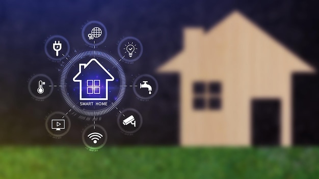 Smart home technologie virtueel scherm beheren van smart home functies, waaronder beveiliging verlichting temperatuur Smart home automation assistent en Iot concept