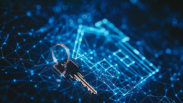 smart home technology concept illustrated by a houseshaped hologram keychain against a digital backdrop facilitating online property search purchase sale or booking