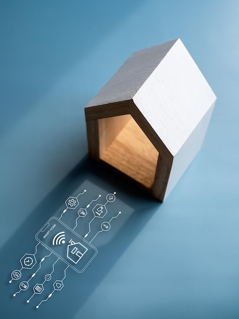 smart home technology concept virtual circuit futuristic interface smart home digital control automation assistant near white minimal house model on blue background vertical style