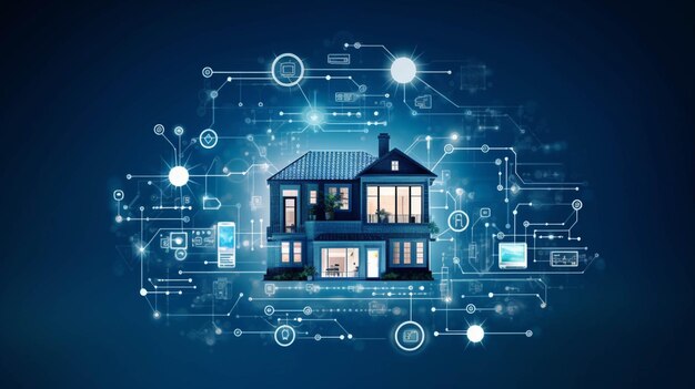 Концептуальный баннер технологии умного дома Здание состоит из цифр умных устройств AI Generative