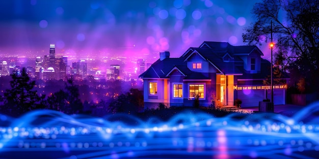 Photo smart home technology displayed against cityscape backdrop with hologram on blue background concept smart home technology cityscape backdrop hologram display blue background