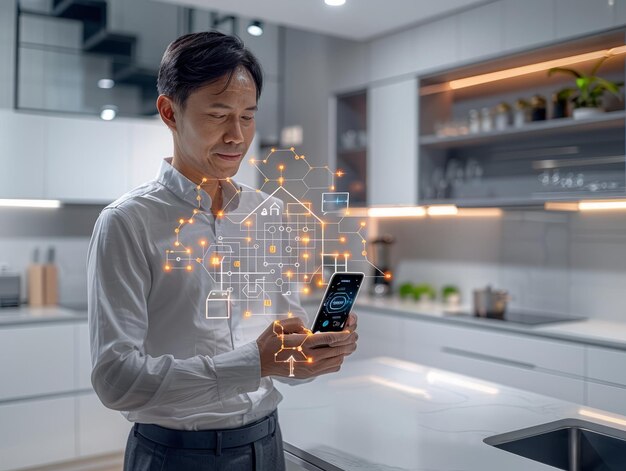 Smart home technology human hand is holding smart phone with launched smart home application ai