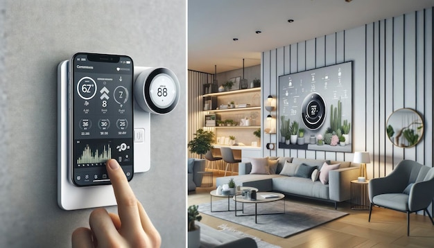 Photo smart home technology interface on phone and wall