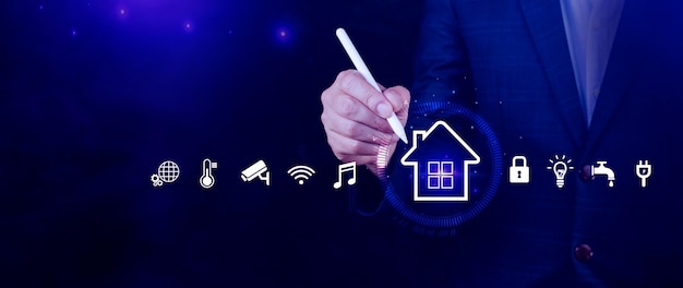 smart home technology user touches virtual screen manage smart home features including security lighting temperature smart home and iot concept