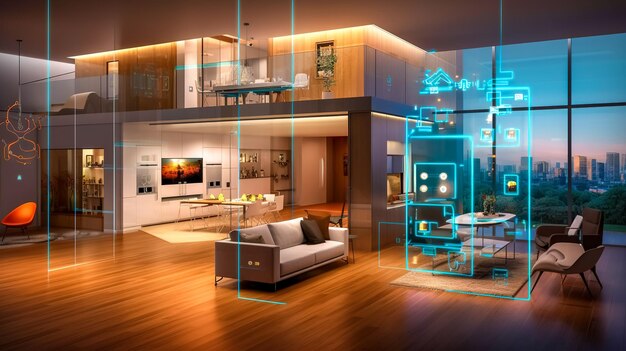 Foto casa intelligente utilizzando tecnologia moderna controllata da un'app per smartphone realizzata con generative ai