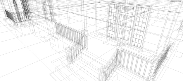 スマートハウス自動化システムデジタルドアエントランスインテリジェントテクノロジー抽象的な背景アーキテクチャ白い背景の3Dワイヤーフレーム構造