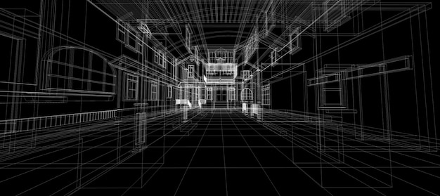 Sistema domotico intelligente tecnologia digitale intelligente sfondo astratto architettura interni 3d wireframe costruzione su sfondo nero