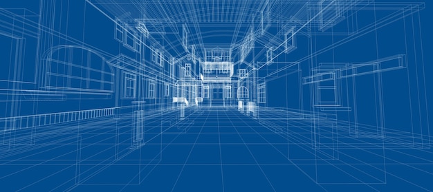 スマートハウス自動化システムデジタルインテリジェントテクノロジー抽象的な背景アーキテクチャ青い背景のインテリア3dワイヤーフレーム構造