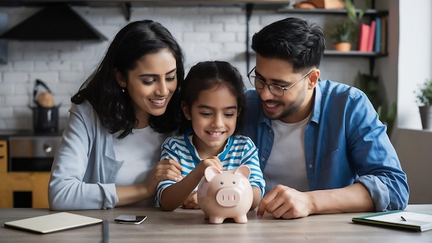 Photo smart indian asian couple teaching importance of saving to kids at home with piggy bank