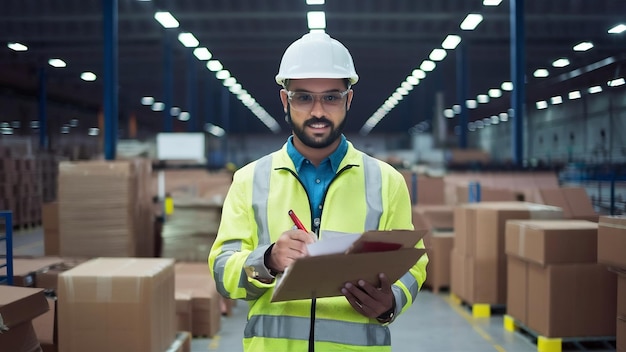 Smart indian engineer man wearing safety helmet doing stock tick check and cardboard stock product