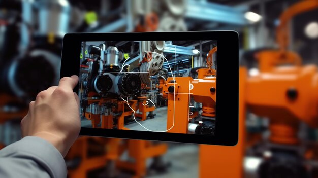 Foto concetto di controllo industriale intelligente mani che tengono il tablet su una macchina di automazione sfocata