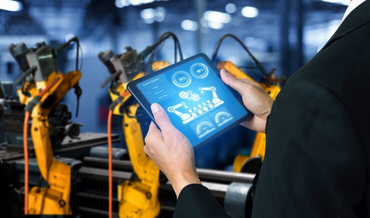 Photo smart industry robot arms for digital factory production technology
