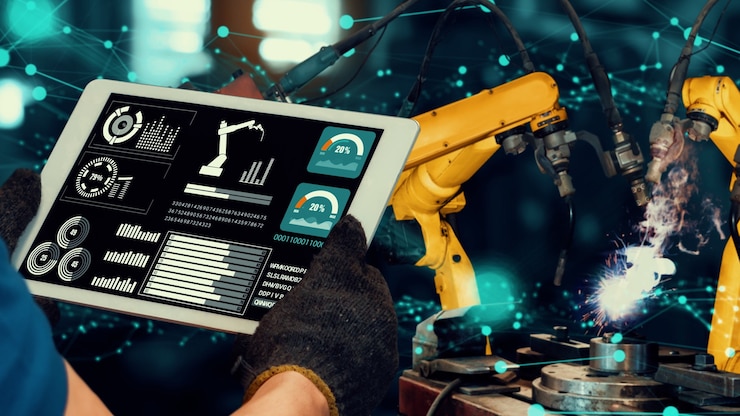 Photo smart industry robot arms modernization for innovative factory technology