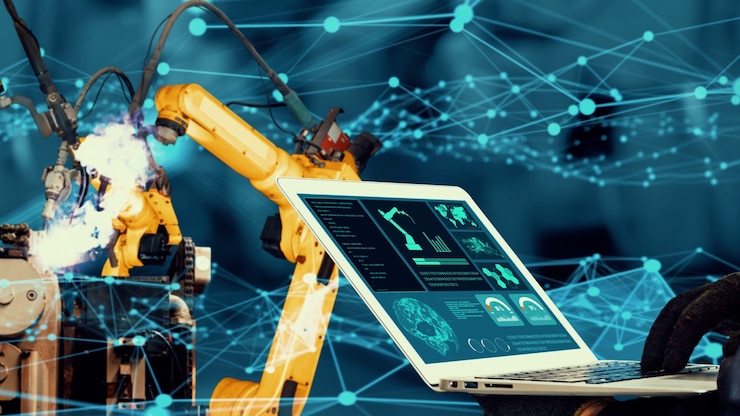 Photo smart industry robot arms modernization for innovative factory technology