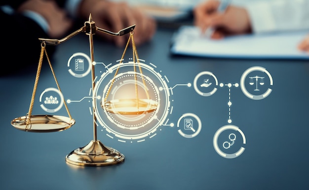smart law legal advice icons and astute lawyer working tools in lawyers office