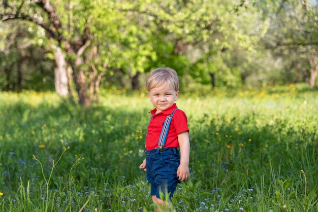 Il ragazzino astuto cammina nel parco fra gli alberi