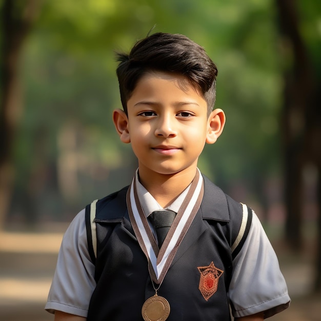 Smart little school boy with medal