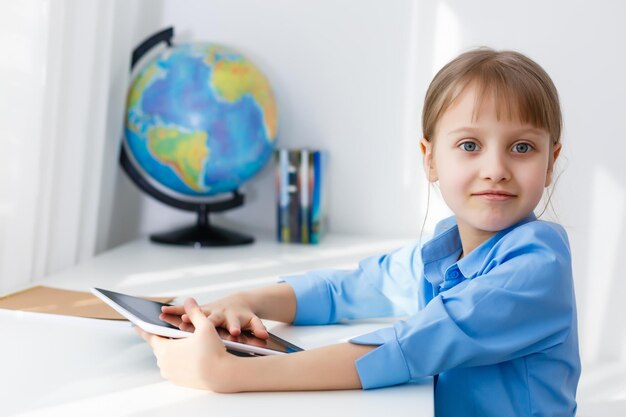 Smart little schoolgirl with digital tablet in a classroom. Child in an elementary school. Education and learning for kids.