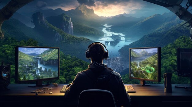 Photo smart man creating fantasy video game on large screens