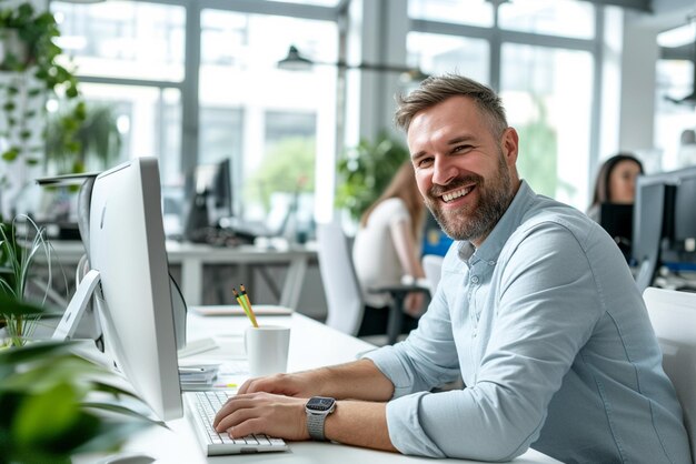 Photo a smart man doing work on computer in office