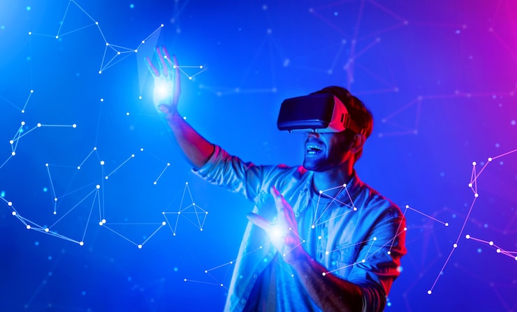 Photo smart man looking data or connecting with big data by using goggle deviation