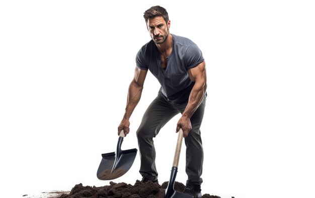 Photo smart man with shovel isolated on a white background