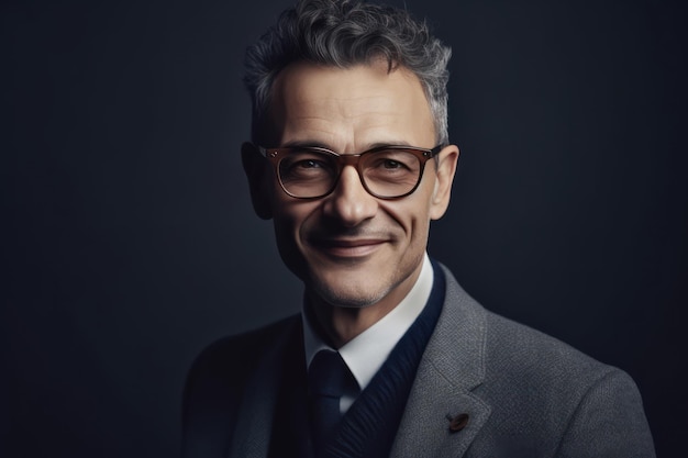 Smart mature businessman with glasses posing on gray background he is smiling at camera