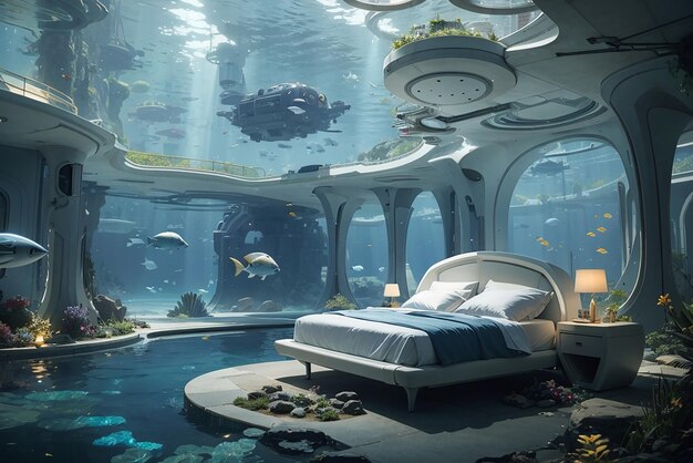 Smart modern hightech scifi futuristic underwater bedroom in a submerged city interior 3d home decor