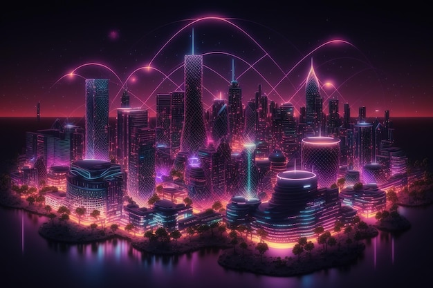 Smart night city infrastructure blue neon colors Connectivity technology concept