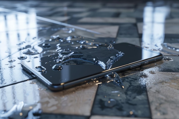 Photo smart phone fail broken on tile floor with water spilled