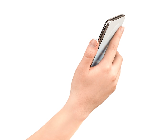 Smart phone in a female hand on an isolated white background. side view.