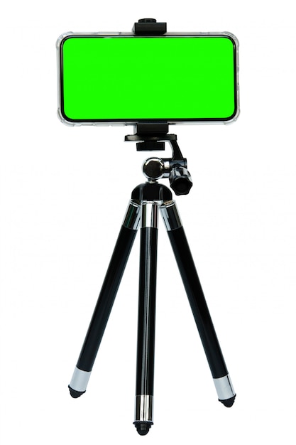 Smart phone of green screen on tripod isolated on white with clipping path