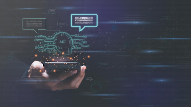 Smart phone in hands of a businessman artificial intelligence Communication and