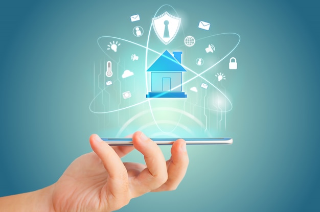 smart phone remote for smart home hologram technology concept idea.