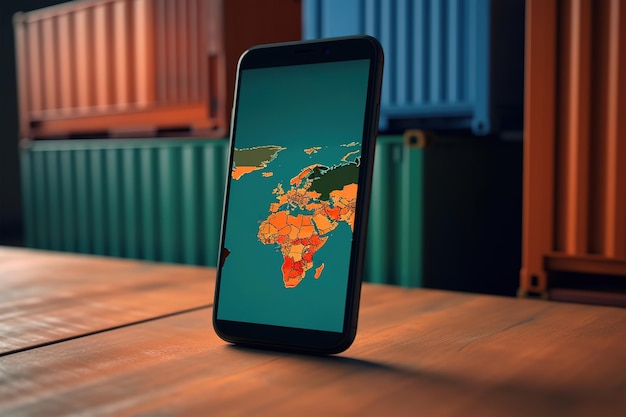 写真 ロジスティックコンテナの前に立っているスマートフォン ジェネレーティブai