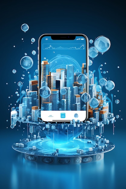 A smart phone with a blue background with a cityscape on the screen