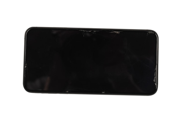 Smart phone with broken screen. isolated on a white background. Top view.