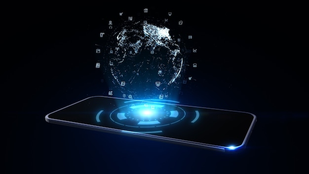 Smart Phone with digital earth globe hologram. network worldwide Connection Concept. 3D rendering