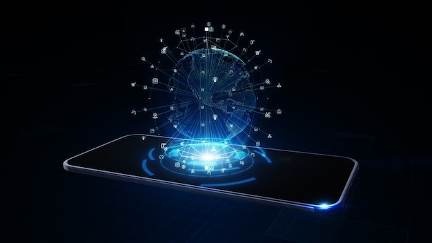 Smart Phone with digital earth globe hologram. network worldwide Connection Concept. 3D rendering