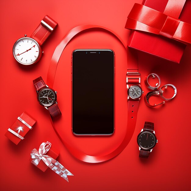 Foto smartphone con scatola regalo e accessori
