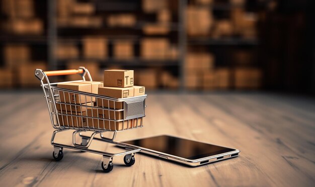 Smart phone with Iron shopping cart for online transportation your smartphone logistic background