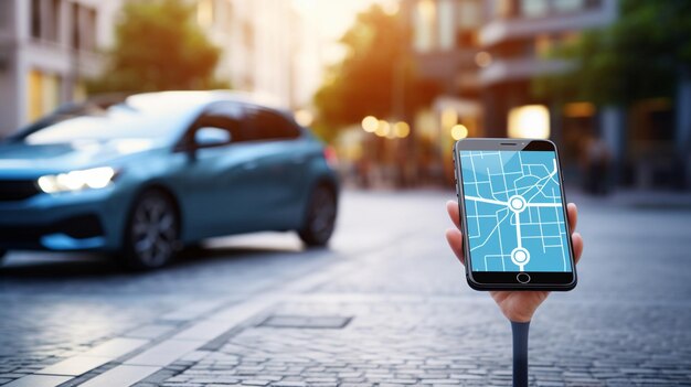 Smart phone with map on the background of a car on the street