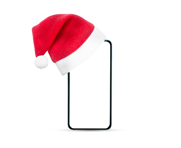 Smart phone with red christmas hat isolated on white background with copy space.