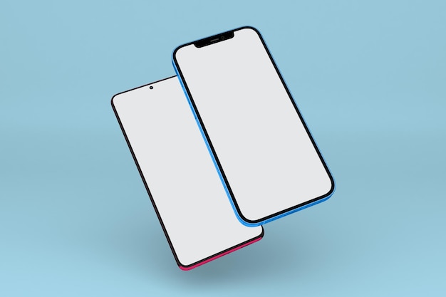 青色の背景で分離された左側のスマート フォン
