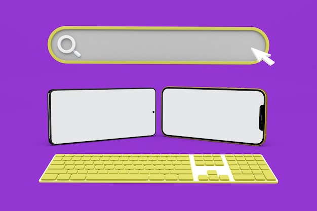 Смартфоны и иконки веб-сайтов на лицевой стороне в фиолетовом фоне