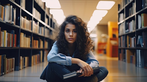 Smart pretty creative girl student holding book sitting on floor among bookshelves in modern university campus library looking away thinking of college course study thinking reading literature
