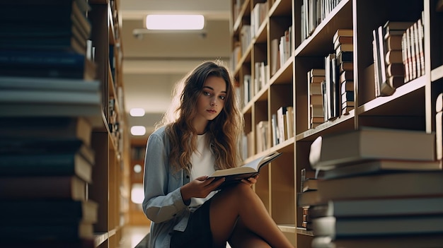 Smart pretty creative girl student holding book sitting on floor among bookshelves in modern university campus library looking away thinking of college course study thinking reading literature