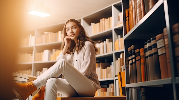 Smart pretty creative girl student holding book sitting on floor among bookshelves in modern university campus library looking away thinking of college course study thinking reading literature